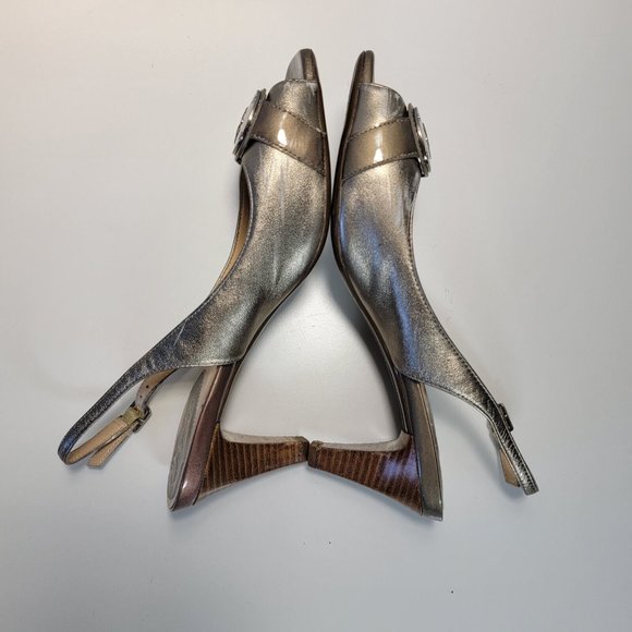 Cole Haan Metallic Gold Leather Peep Toe Slingbacks Heels Women's US 8 B - Picture 5 of 12